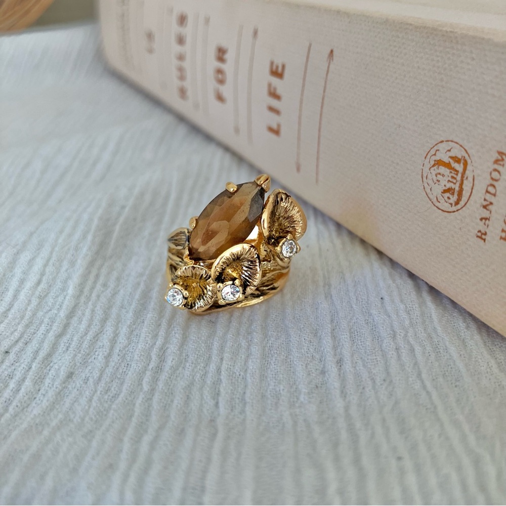 Calla Lilies Smokey Quartz Marquise Ring “Titania” Gold Earthy Floral Bohemian